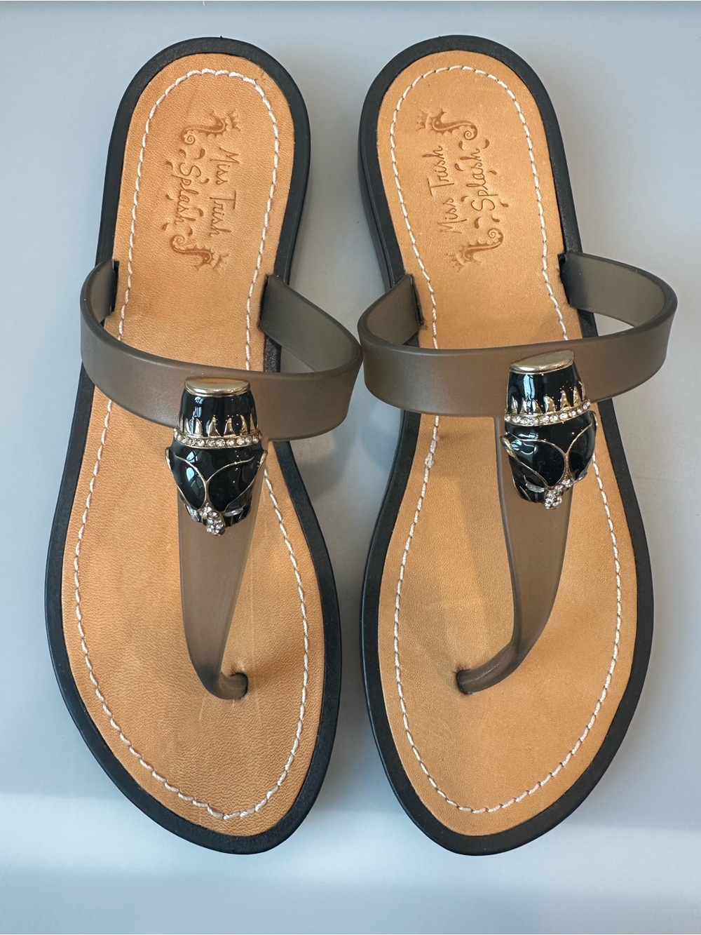 NEW Miss Trish of Capri Embellished Thong Sandals Black Jelly Flip Flops